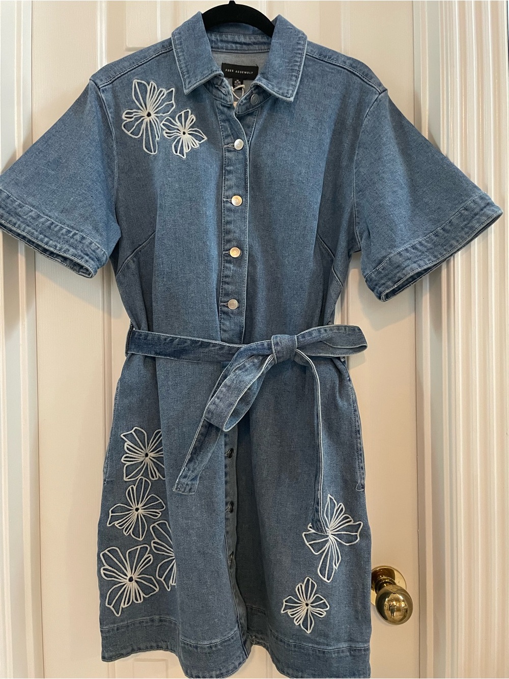 Woman’s Denim Shirt Dress with Floral Embroidery - Blue